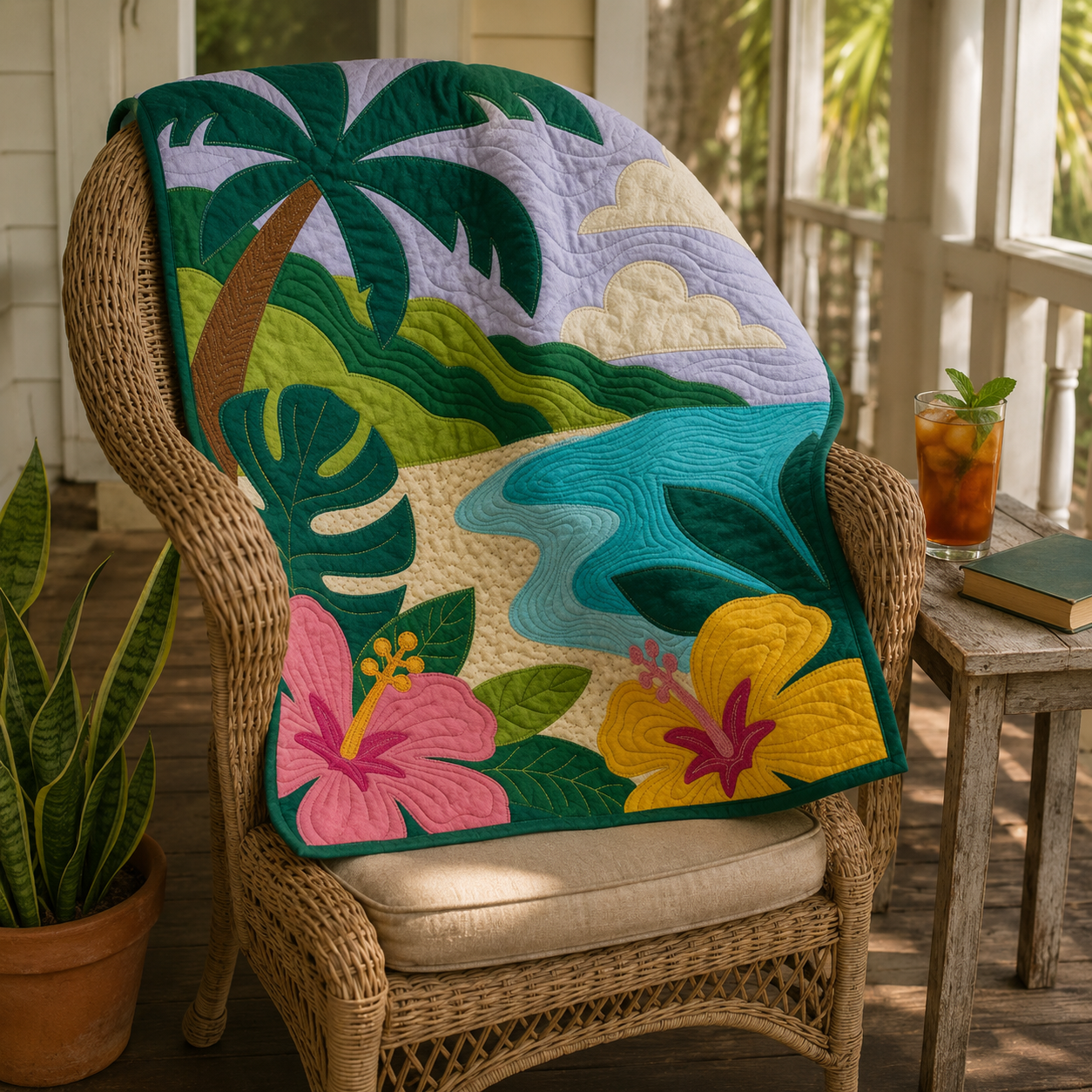 Tropical Paradise raw-edge appliqué quilt draped over a wicker chair — modern tropical landscape throw blanket