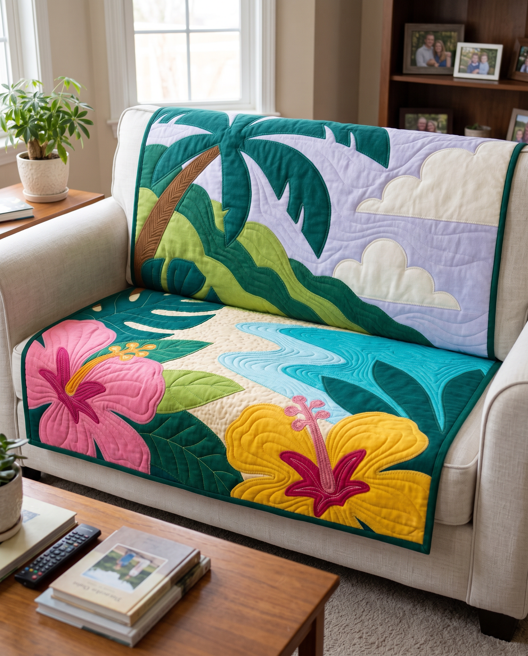 Tropical Paradise quilt as a sofa throw — modern tropical landscape with palm tree, hibiscus, and ocean horizon