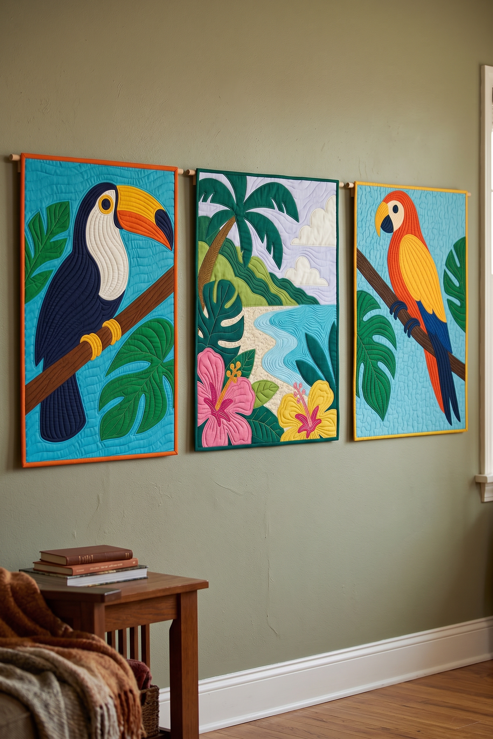 Vivid Stitch Art tropical quilt collection — Toucan, Hibiscus, and Parrot modern wall hangings