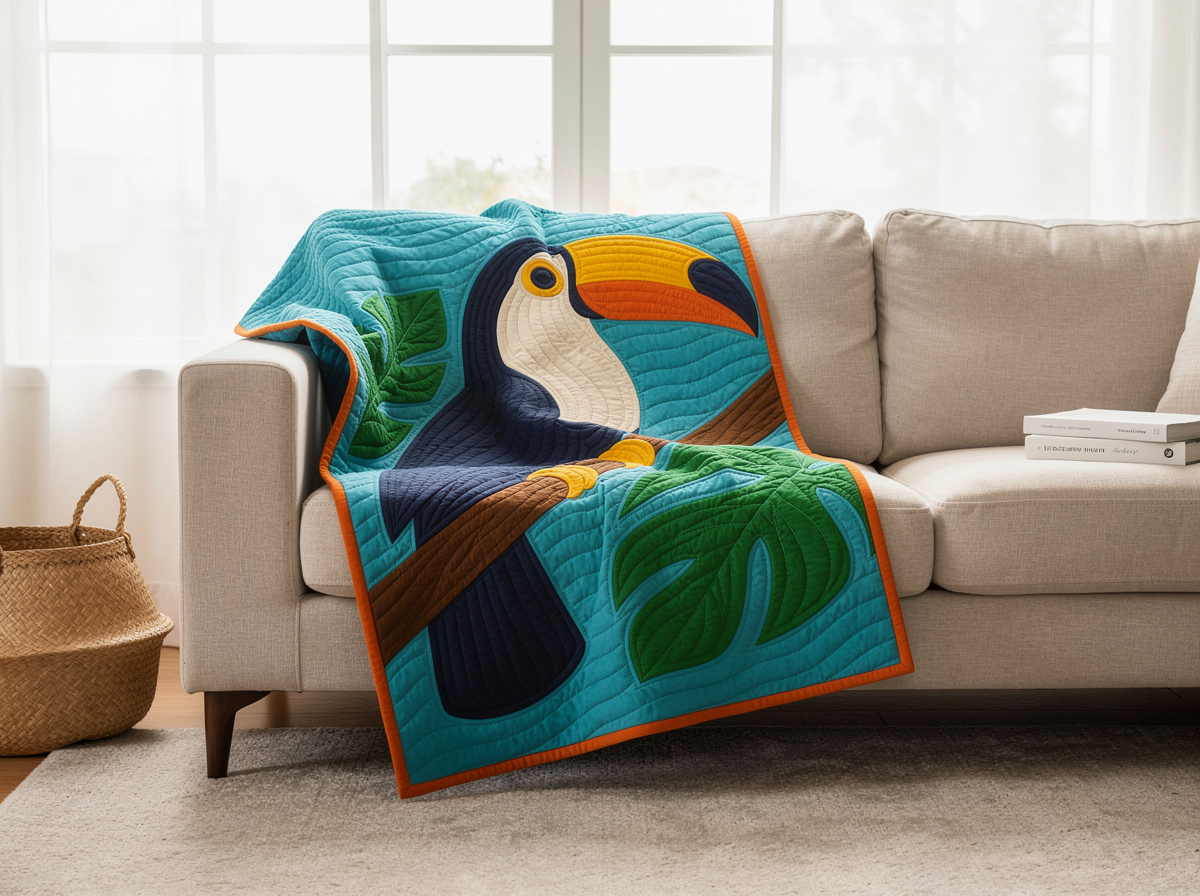 Tropical Toucan raw-edge appliqué quilt draped over a sofa — modern turquoise tropical bird throw blanket