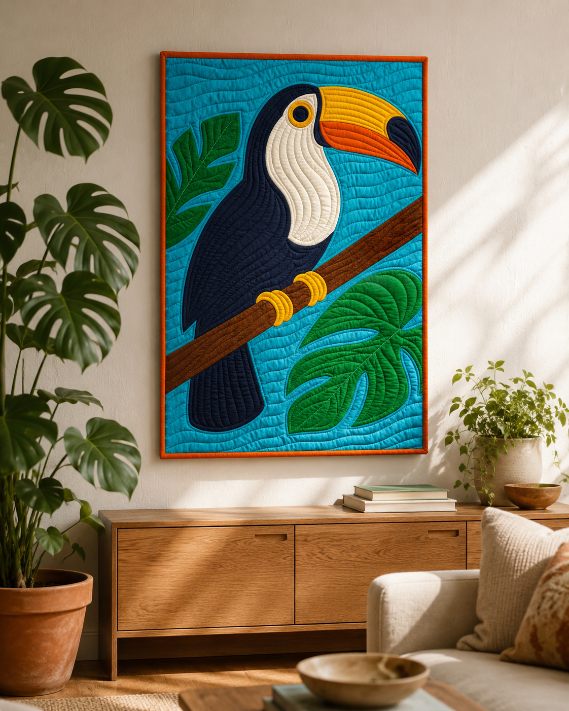 Tropical Toucan modern quilt framed as wall art above a console — bold toucan on turquoise background with monstera plants