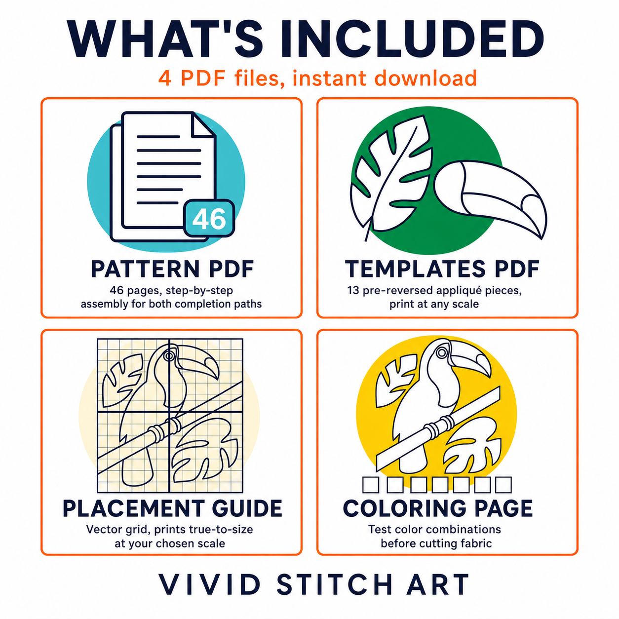 Tropical Toucan pattern download contents — pattern PDF, templates, placement guide, coloring page