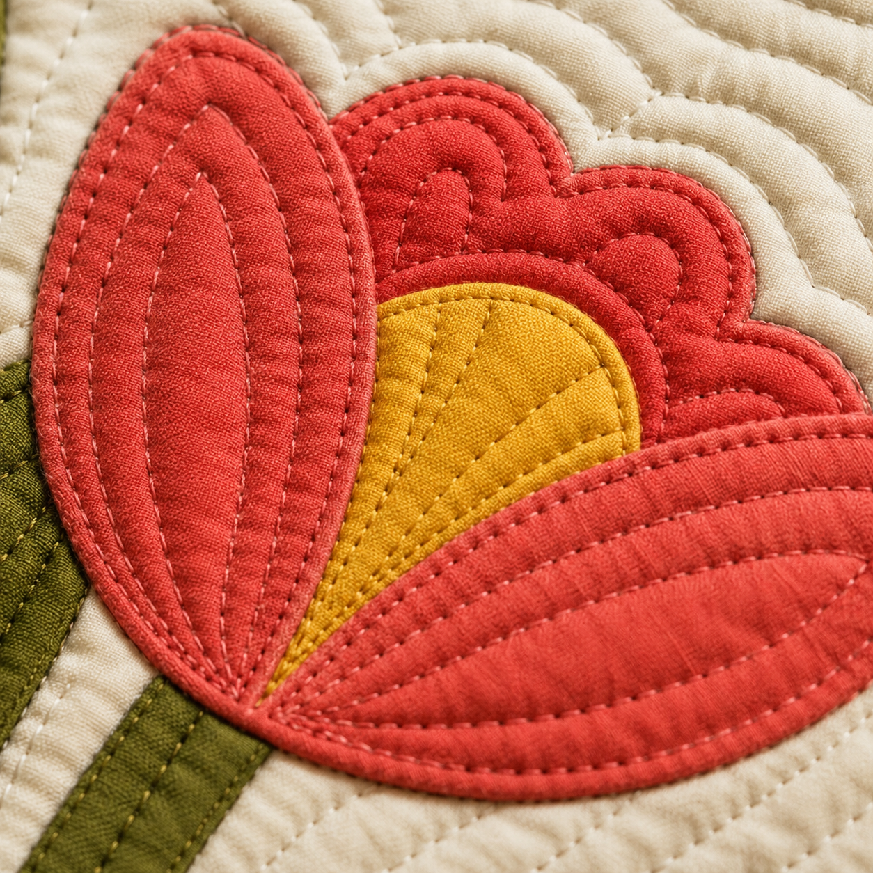 Tulip Bloom appliqué close-up — modern stylized tulip in red, orange, and yellow with raw-edge stitching