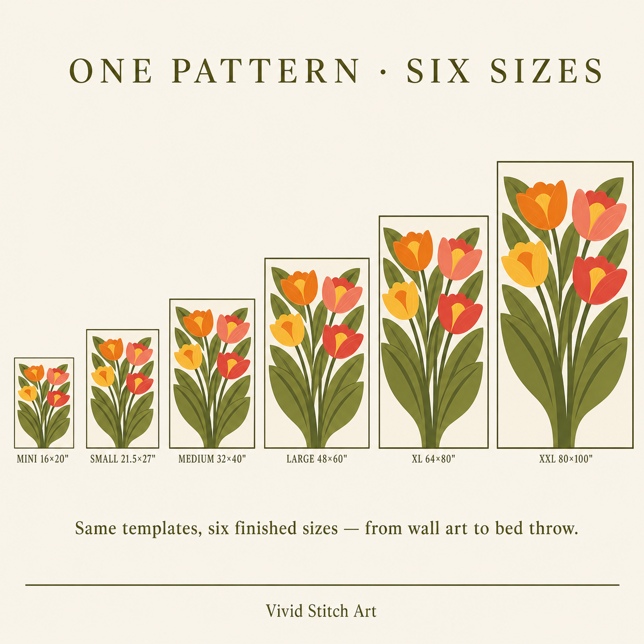 Tulip Bloom quilt pattern in six finished sizes — from frameable mini to bed throw size