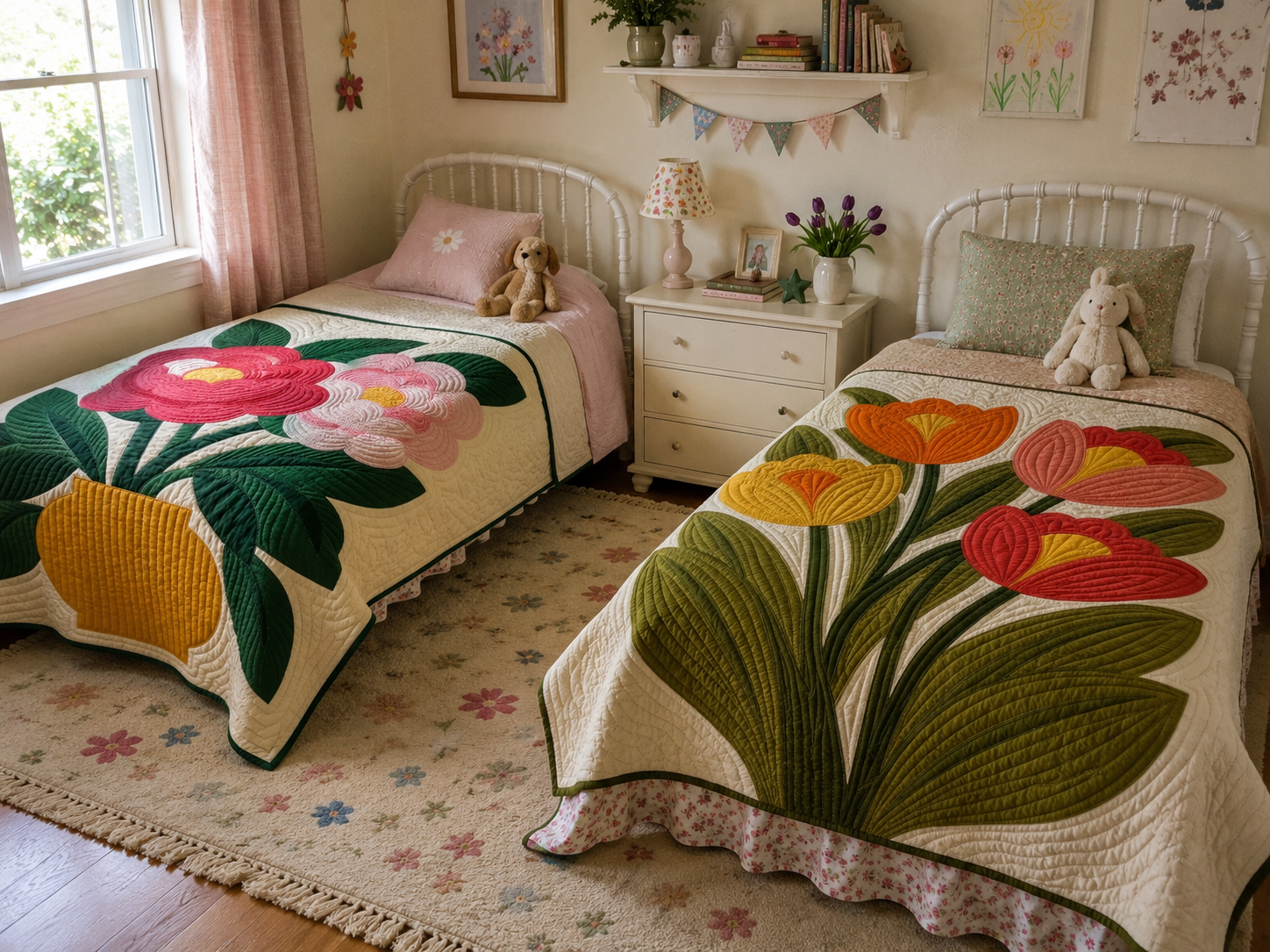 Tulip Bloom quilt styled as a bed throw in a girl's bedroom — modern floral quilt with spring tulip design