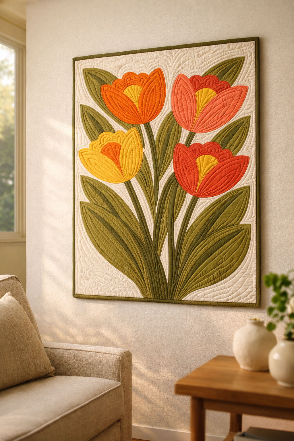 Tulip Bloom modern floral quilt framed as wall art — four stylized tulips in retro hues on cream background