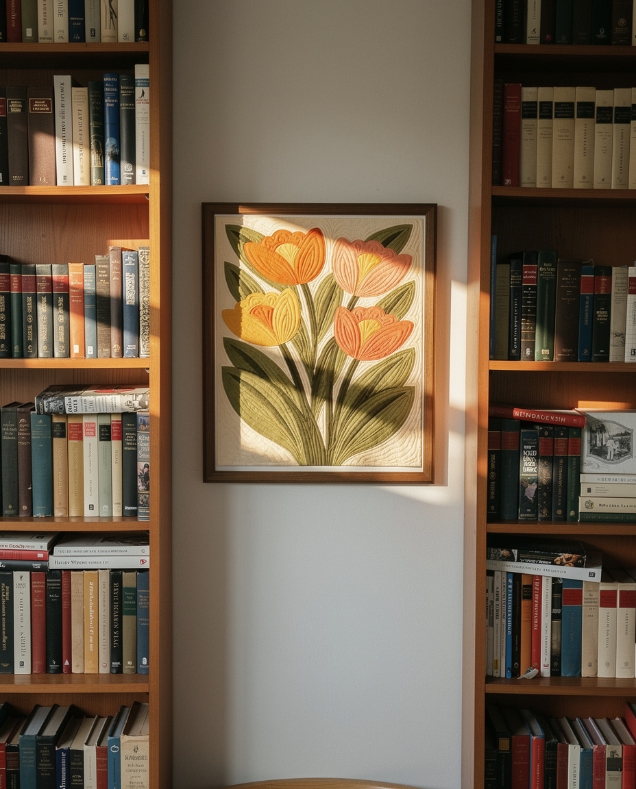 Tulip Bloom quilt framed as wall art in a library nook — modern floral wall hanging with tulip design