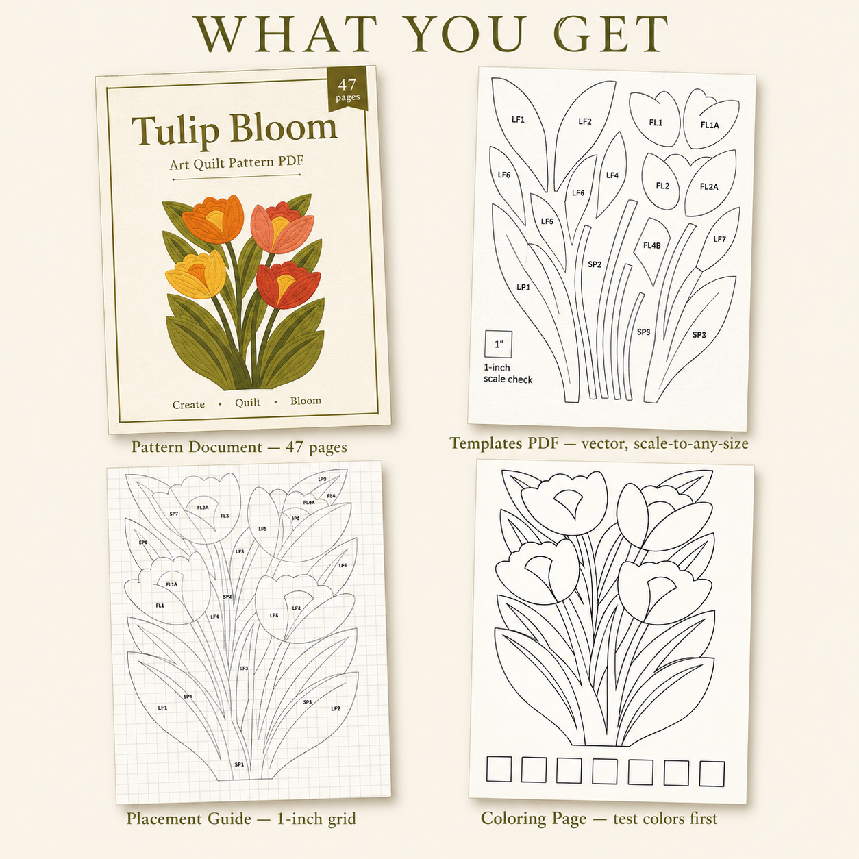 Tulip Bloom pattern download contents — pattern document, templates, placement guide, coloring page