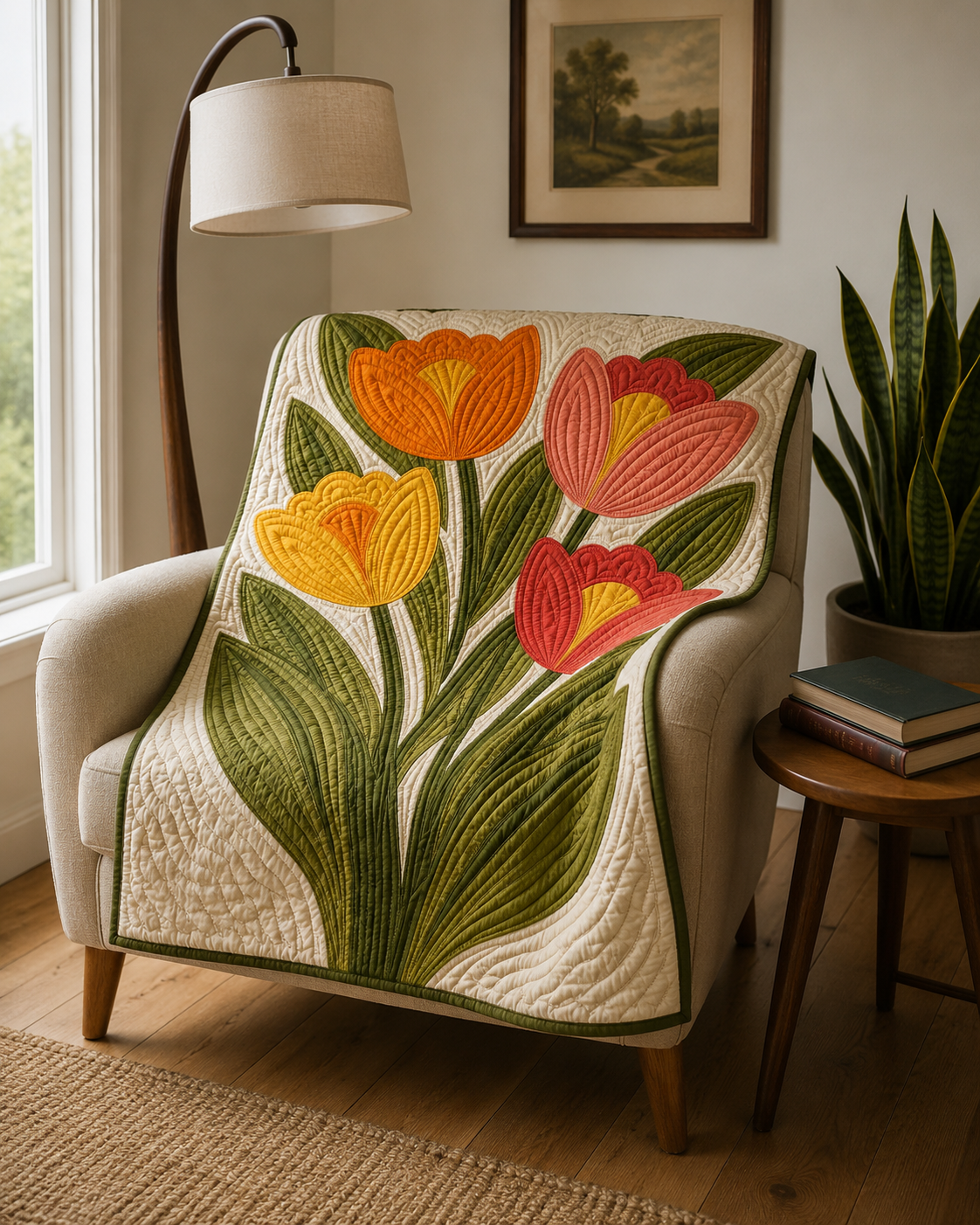 Tulip Bloom raw-edge appliqué quilt draped over a chair — modern floral throw blanket with four tulips